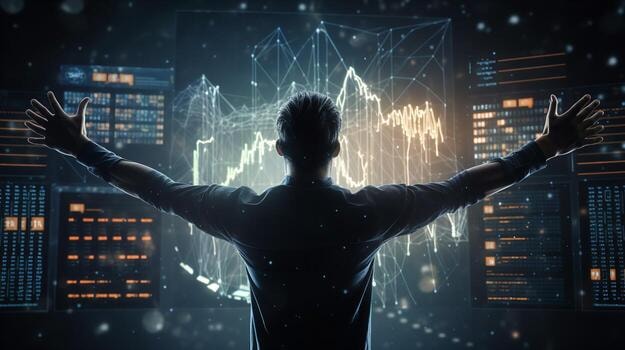 Figure with arms raised before financial data screens representing the future of investing