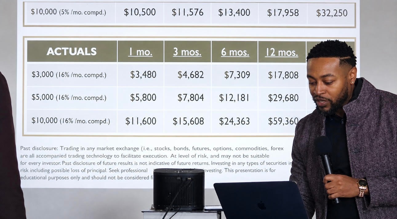 Anthony Brown presenting trading-growth tables during a Black Chips Partners session
